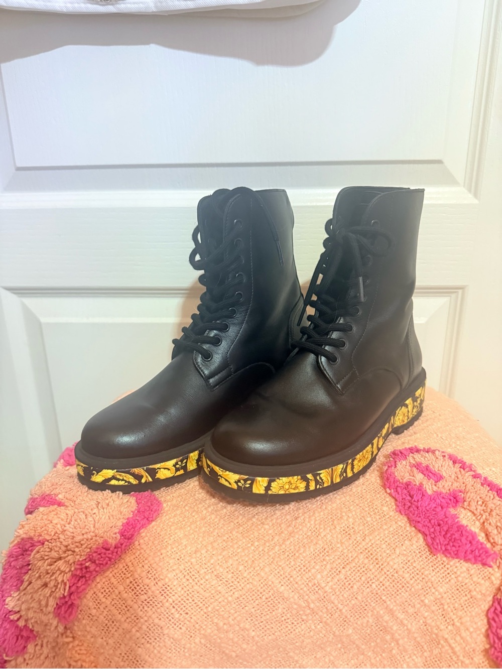 Versace Baroque Combat Boots Black Gold EU 37 (7) Worn Once